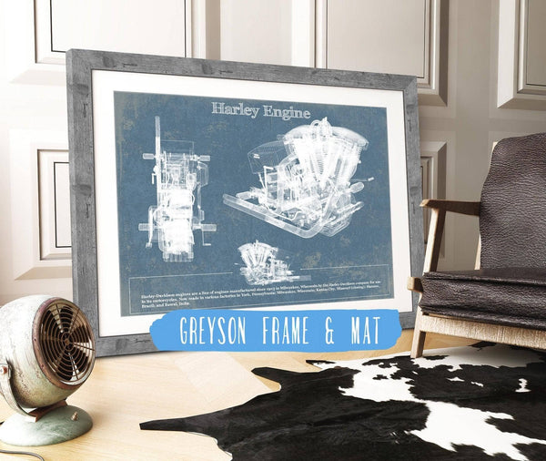 14" x 11" / Greyson Frame & Mat Cutler West Harley-Davidson Engine Vintage Blueprint Motorcycle Engine Patent Print