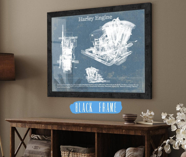 20" x 16" / Black Frame Cutler West Harley-Davidson Engine Vintage Blueprint Motorcycle Engine Patent Print