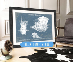 20" x 16" / Black Frame & Mat Cutler West Harley-Davidson Engine Vintage Blueprint Motorcycle Engine Patent Print