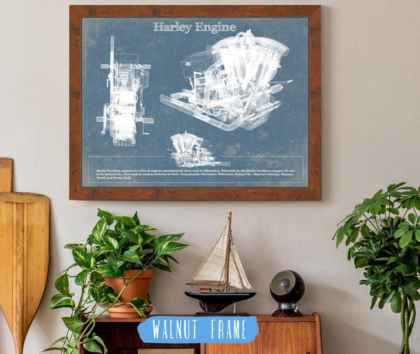 20" x 16" / Walnut Frame Cutler West Harley-Davidson Engine Vintage Blueprint Motorcycle Engine Patent Print
