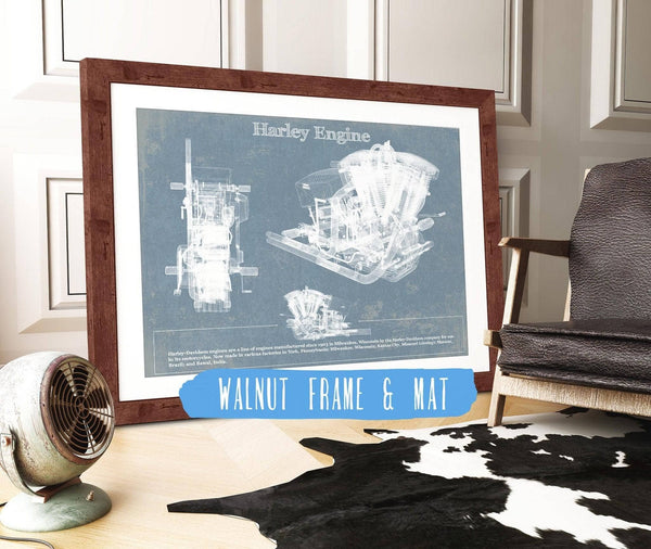 20" x 16" / Walnut Frame & Mat Cutler West Harley-Davidson Engine Vintage Blueprint Motorcycle Engine Patent Print