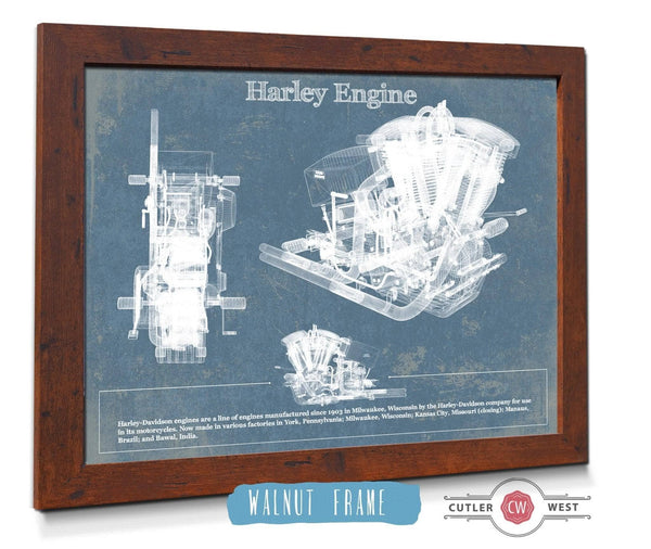 24" x 18" / Walnut Frame Cutler West Harley-Davidson Engine Vintage Blueprint Motorcycle Engine Patent Print