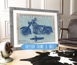 14" x 11" / Greyson Frame & Mat Cutler West Harley-Davidson Fat Boy Blueprint Motorcycle Patent Print