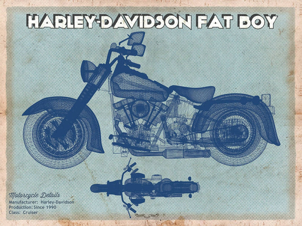 14" x 11" / Unframed Cutler West Harley-Davidson Fat Boy Blueprint Motorcycle Patent Print