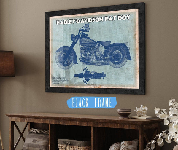 20" x 16" / Black Frame Cutler West Harley-Davidson Fat Boy Blueprint Motorcycle Patent Print