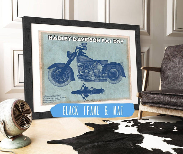 20" x 16" / Black Frame & Mat Cutler West Harley-Davidson Fat Boy Blueprint Motorcycle Patent Print