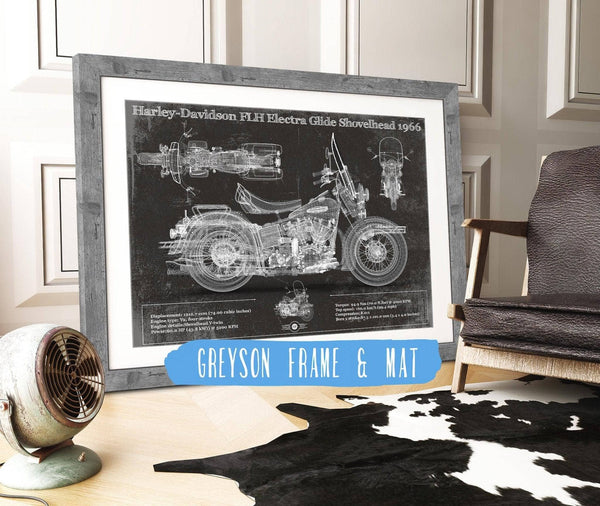 14" x 11" / Greyson Frame & Mat Cutler West Harley-Davidson FLH Electra Glide Shovelhead 1966 Motorcycle Patent Print