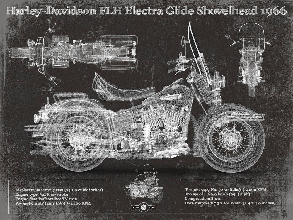 14" x 11" / Stretched Canvas Wrap Cutler West Harley-Davidson FLH Electra Glide Shovelhead 1966 Motorcycle Patent Print