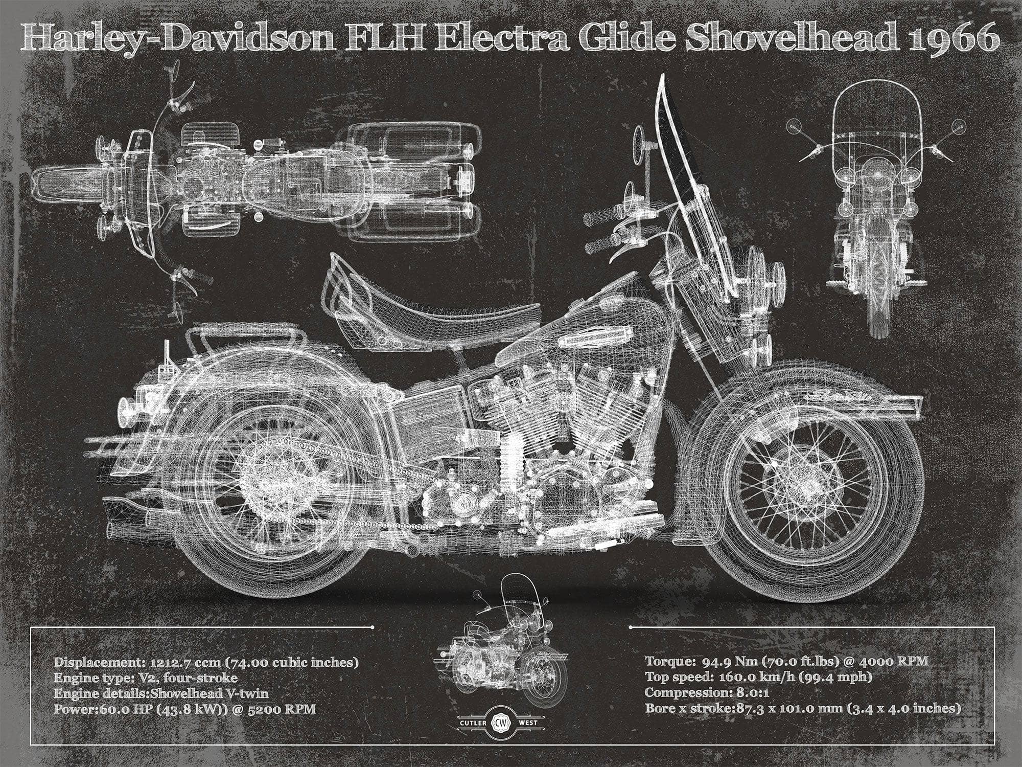 Cutler West 14" x 11" / Unframed Harley-Davidson FLH Electra Glide Shovelhead 1966 Motorcycle Patent Print 845000199_62597