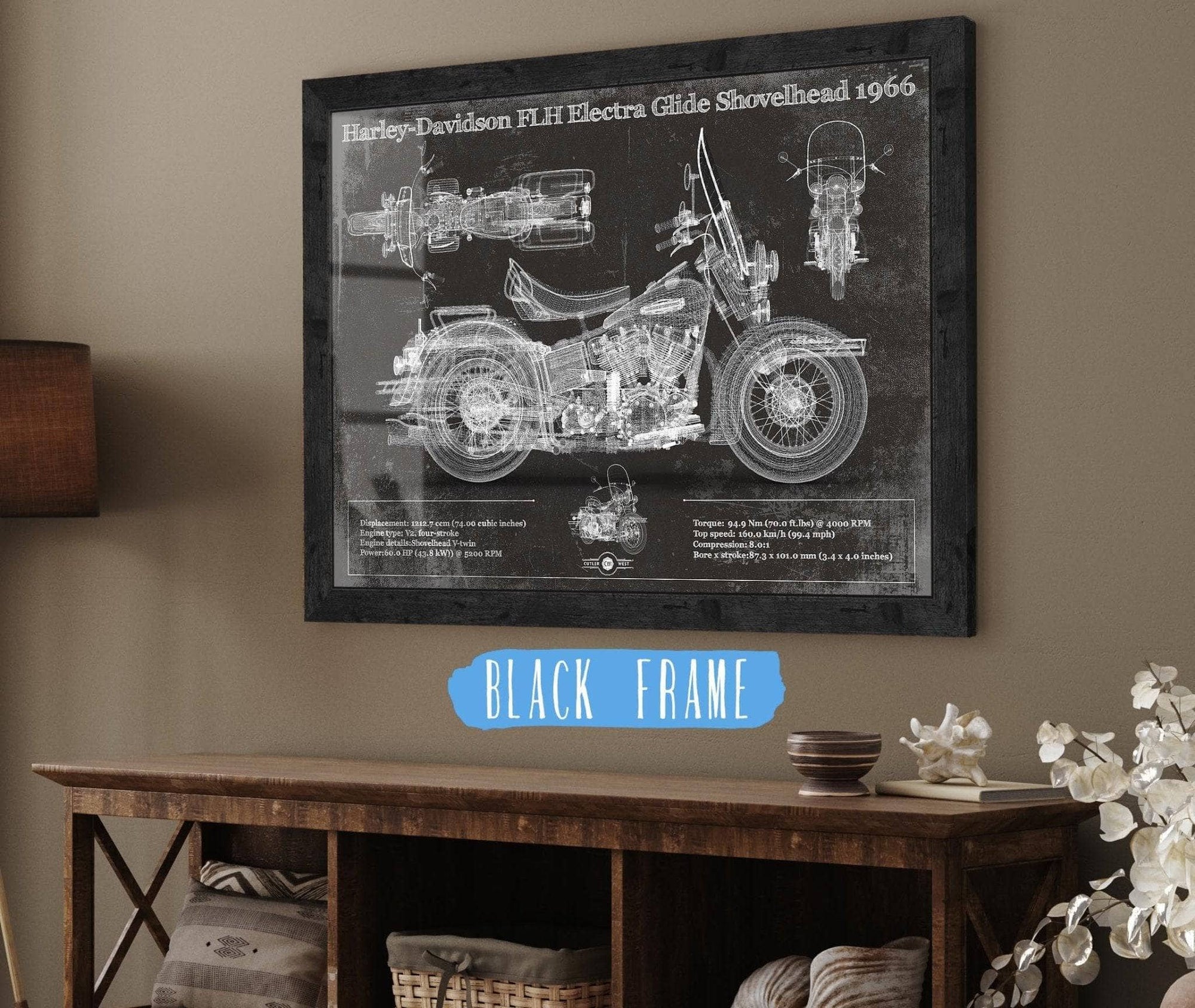 Cutler West 14" x 11" / Black Frame Harley-Davidson FLH Electra Glide Shovelhead 1966 Motorcycle Patent Print 845000199_62598