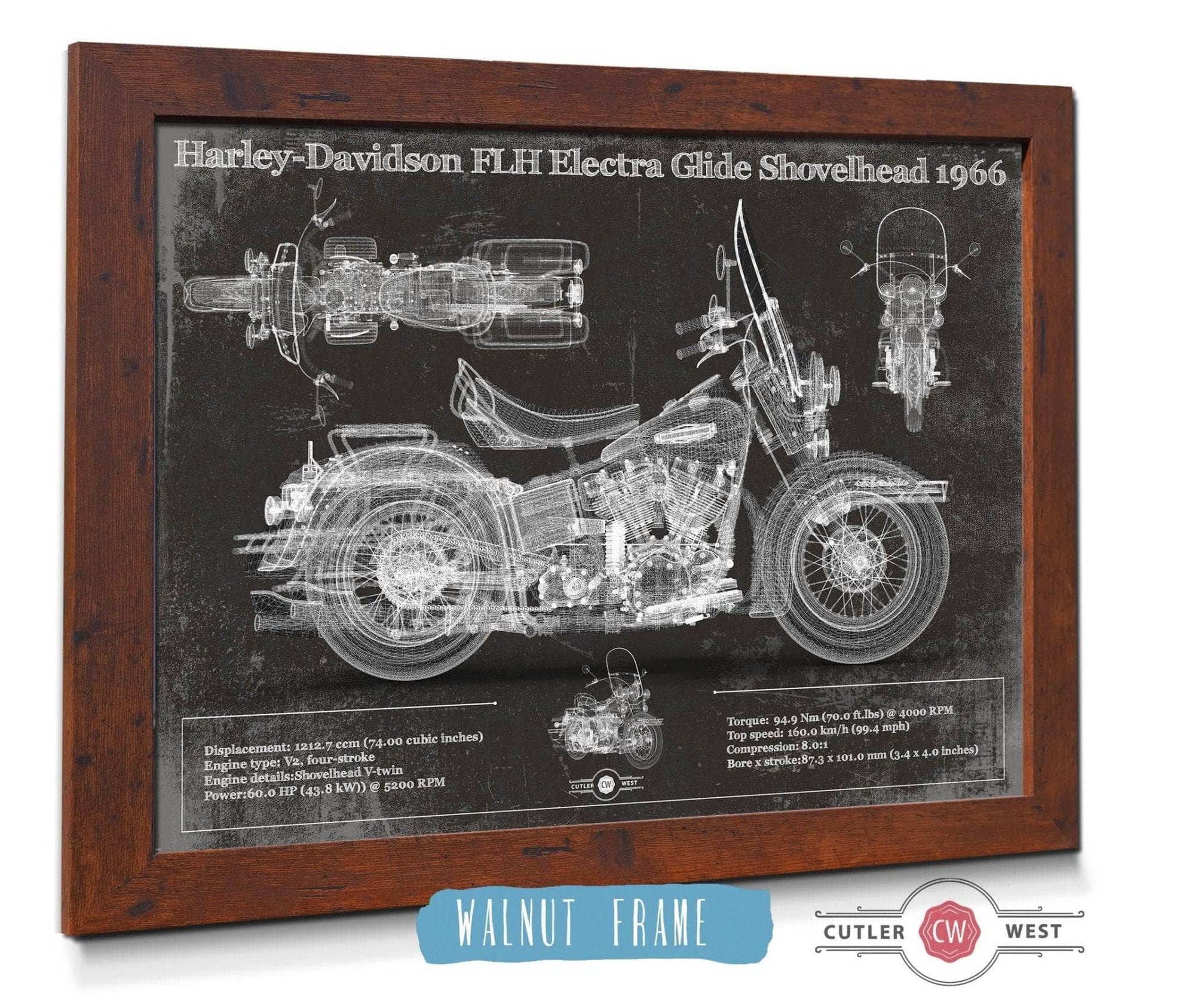 Cutler West 14" x 11" / Walnut Frame Harley-Davidson FLH Electra Glide Shovelhead 1966 Motorcycle Patent Print 845000199_62600