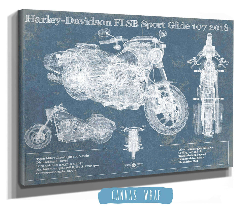 14" x 11" / Stretched Canvas Wrap Cutler West Harley-Davidson FLSB Sport Glide 107 2018 Blueprint Motorcycle Patent Print