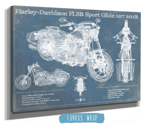 14" x 11" / Stretched Canvas Wrap Cutler West Harley-Davidson FLSB Sport Glide 107 2018 Blueprint Motorcycle Patent Print