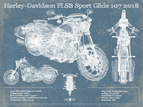 14" x 11" / Unframed Cutler West Harley-Davidson FLSB Sport Glide 107 2018 Blueprint Motorcycle Patent Print