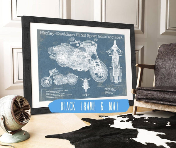 20" x 16" / Black Frame & Mat Cutler West Harley-Davidson FLSB Sport Glide 107 2018 Blueprint Motorcycle Patent Print