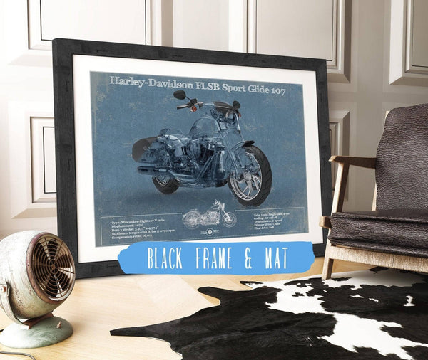 20" x 16" / Black Frame & Mat Cutler West Harley-Davidson FLSB Sport Glide Blueprint Motorcycle Patent Print
