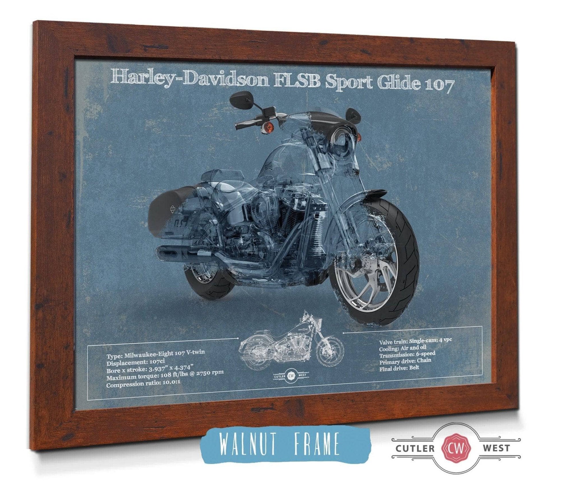 Cutler West 14" x 11" / Walnut Frame Harley-Davidson FLSB Sport Glide Blueprint Motorcycle Patent Print 949610113_62534