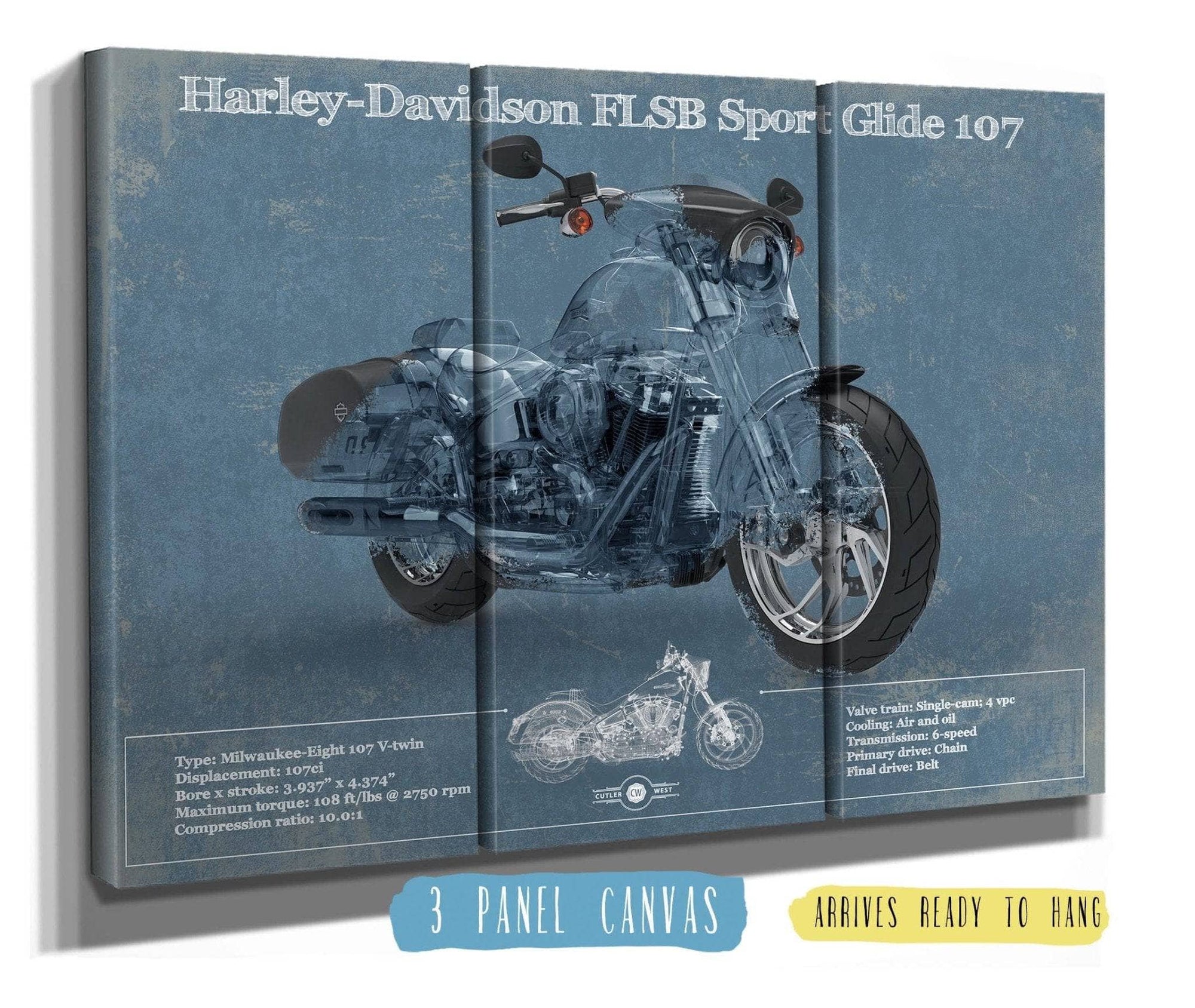 Cutler West 48" x 32" / 3 Panel Canvas Wrap Harley-Davidson FLSB Sport Glide Blueprint Motorcycle Patent Print 949610113_62581