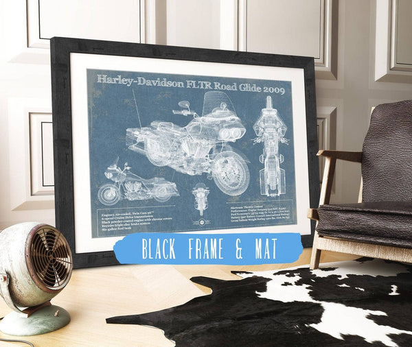 20" x 16" / Black Frame & Mat Cutler West Harley-Davidson FLTR Road Glide 2009 Blueprint Motorcycle Patent Print
