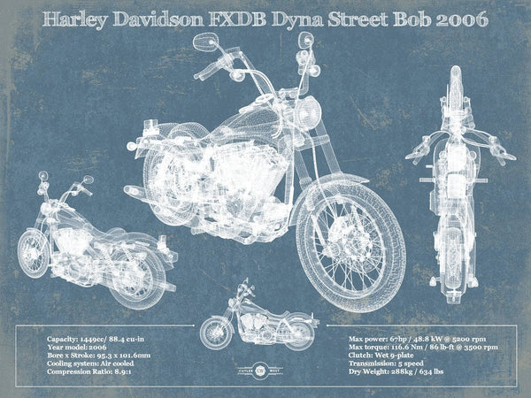 14" x 11" / Unframed Cutler West Harley Davidson FXDB Dyna Street Bob 2006 Blueprint Motorcycle Patent Print
