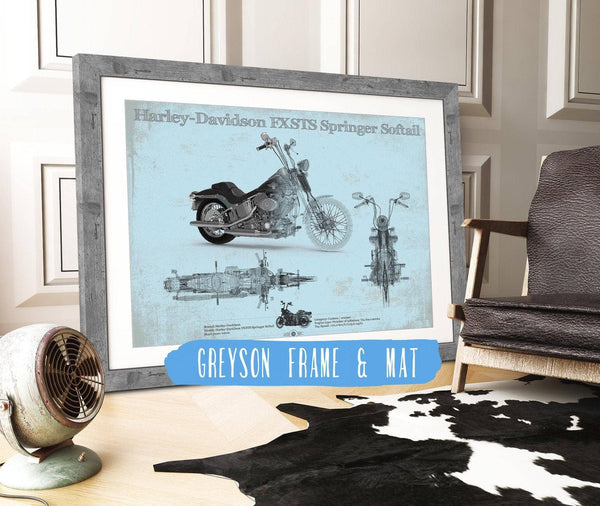 14" x 11" / Greyson Frame & Mat Cutler West Harley-Davidson FXSTS Springer Softail Blueprint Motorcycle Patent Print