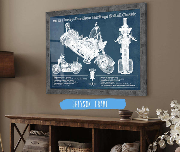 14" x 11" / Greyson Frame Cutler West Harley Davidson Heritage Softail Classic 2012 Blueprint Vintage Motorcycle Print