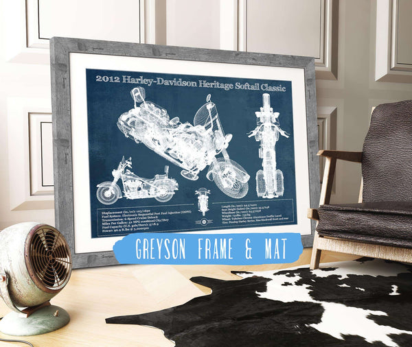14" x 11" / Greyson Frame & Mat Cutler West Harley Davidson Heritage Softail Classic 2012 Blueprint Vintage Motorcycle Print
