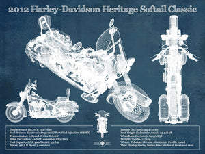 14" x 11" / Unframed Cutler West Harley Davidson Heritage Softail Classic 2012 Blueprint Vintage Motorcycle Print