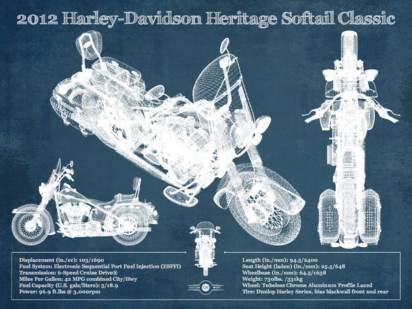 14" x 11" / Unframed Cutler West Harley Davidson Heritage Softail Classic 2012 Blueprint Vintage Motorcycle Print