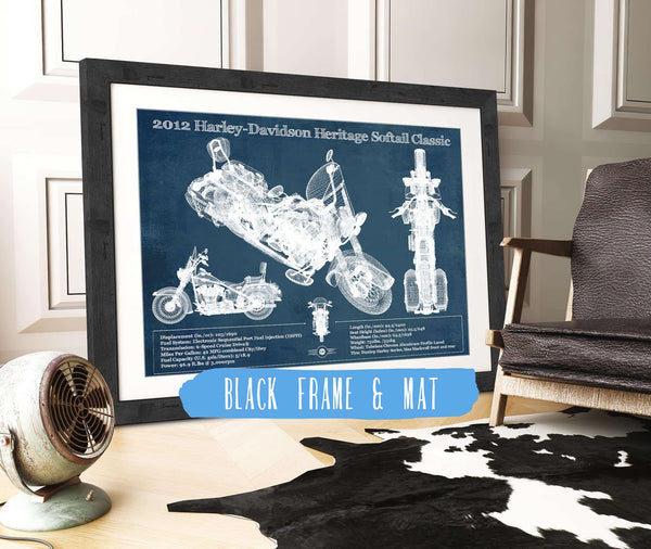 20" x 16" / Black Frame & Mat Cutler West Harley Davidson Heritage Softail Classic 2012 Blueprint Vintage Motorcycle Print