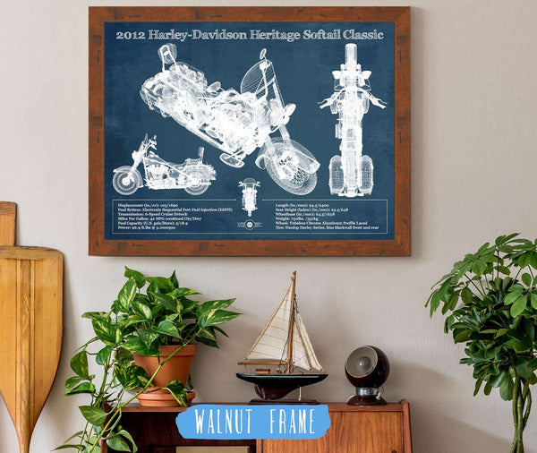 20" x 16" / Walnut Frame Cutler West Harley Davidson Heritage Softail Classic 2012 Blueprint Vintage Motorcycle Print