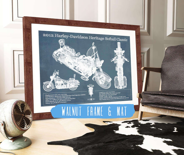 20" x 16" / Walnut Frame & Mat Cutler West Harley Davidson Heritage Softail Classic 2012 Blueprint Vintage Motorcycle Print