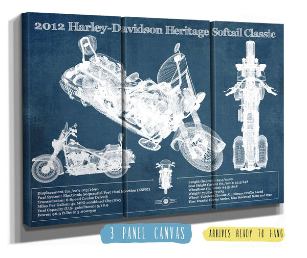 36" x 24" / 3 Panel Canvas Wrap Cutler West Harley Davidson Heritage Softail Classic 2012 Blueprint Vintage Motorcycle Print
