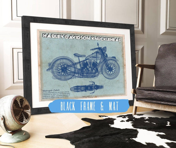 20" x 16" / Black Frame & Mat Cutler West Harley-Davidson Knucklehead Blueprint Motorcycle Patent Print