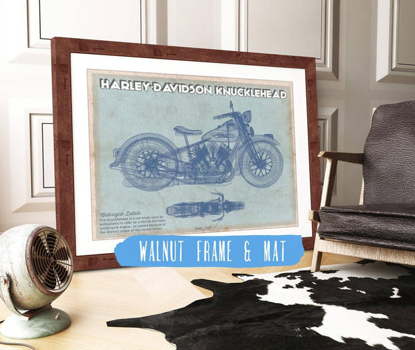 20" x 16" / Walnut Frame & Mat Cutler West Harley-Davidson Knucklehead Blueprint Motorcycle Patent Print