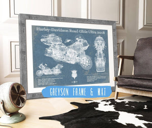 14" x 11" / Greyson Frame & Mat Cutler West Harley-Davidson Road Glide Ultra 2018 Blueprint Motorcycle Patent Print