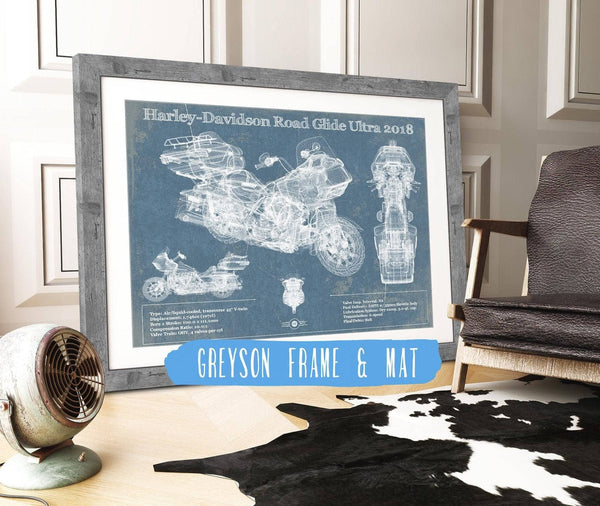 14" x 11" / Greyson Frame & Mat Cutler West Harley-Davidson Road Glide Ultra 2018 Blueprint Motorcycle Patent Print