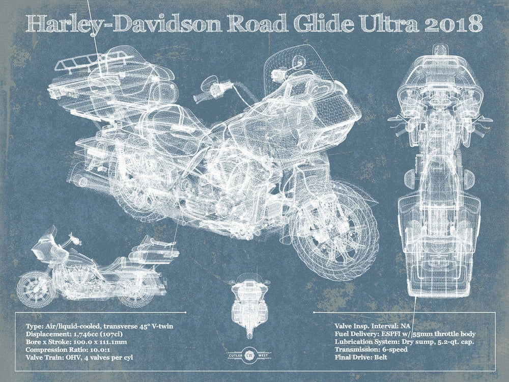 14" x 11" / Stretched Canvas Wrap Cutler West Harley-Davidson Road Glide Ultra 2018 Blueprint Motorcycle Patent Print