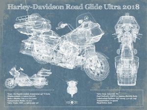 14" x 11" / Unframed Cutler West Harley-Davidson Road Glide Ultra 2018 Blueprint Motorcycle Patent Print
