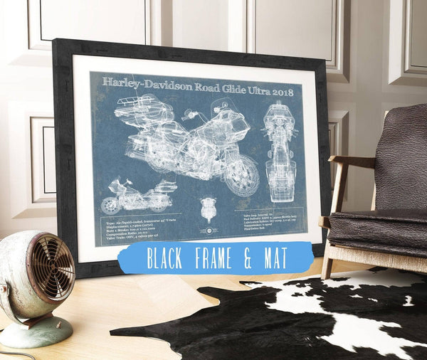 20" x 16" / Black Frame & Mat Cutler West Harley-Davidson Road Glide Ultra 2018 Blueprint Motorcycle Patent Print