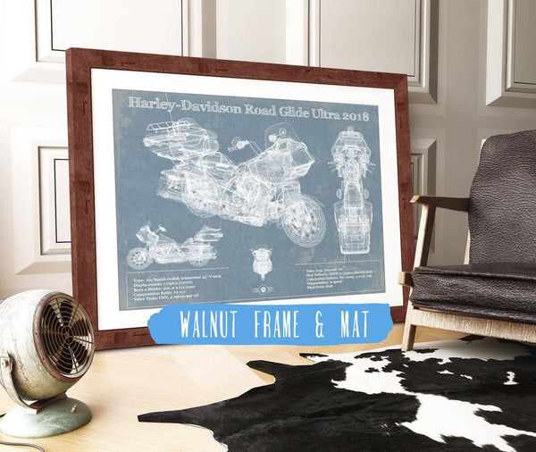 20" x 16" / Walnut Frame & Mat Cutler West Harley-Davidson Road Glide Ultra 2018 Blueprint Motorcycle Patent Print