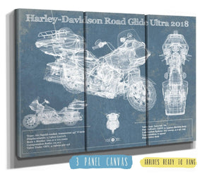 48" x 36" / 3 Panel Canvas Wrap Cutler West Harley-Davidson Road Glide Ultra 2018 Blueprint Motorcycle Patent Print
