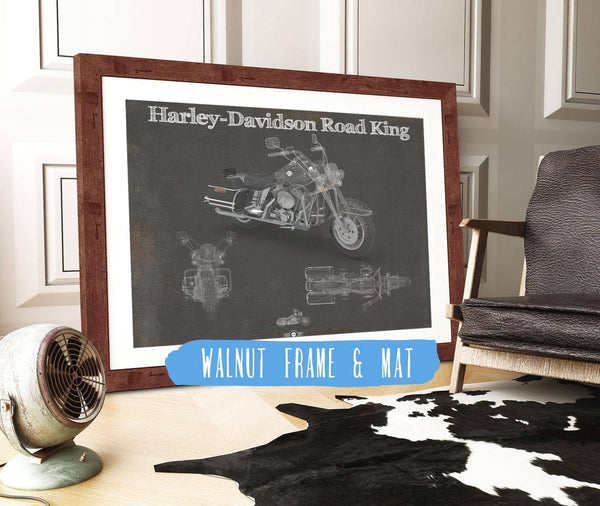 20" x 16" / Walnut Frame & Mat Cutler West Harley-Davidson Road King Motorcycle Patent Print