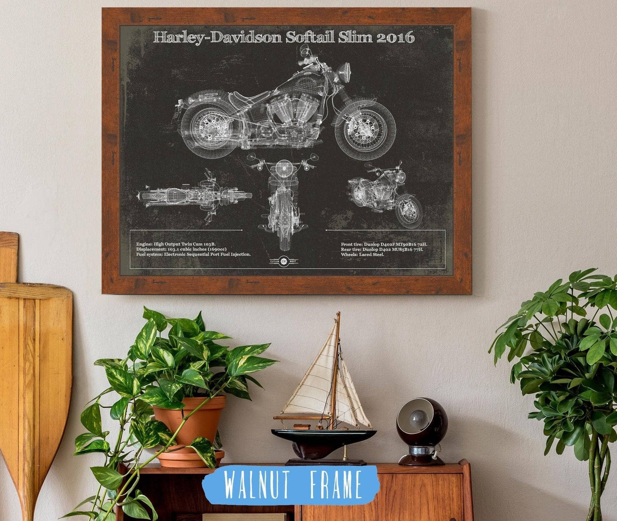 Cutler West Best Selling Collection 14" x 11" / Walnut Frame Harley Davidson Softail Slim S Army Design 2016 Motorcycle Patent Print 845000197_64315