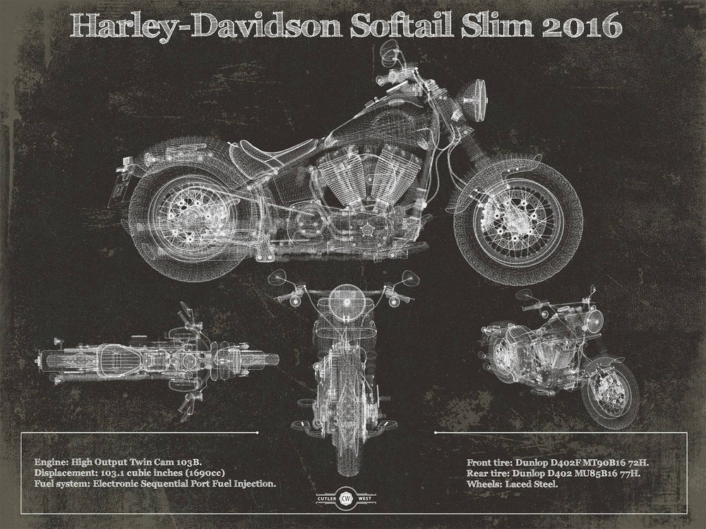 14" x 11" / Stretched Canvas Wrap Cutler West Harley Davidson Softail Slim S Army Design 2016 Motorcycle Patent Print