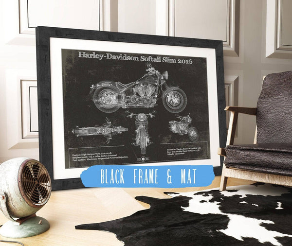 20" x 16" / Black Frame & Mat Cutler West Harley Davidson Softail Slim S Army Design 2016 Motorcycle Patent Print