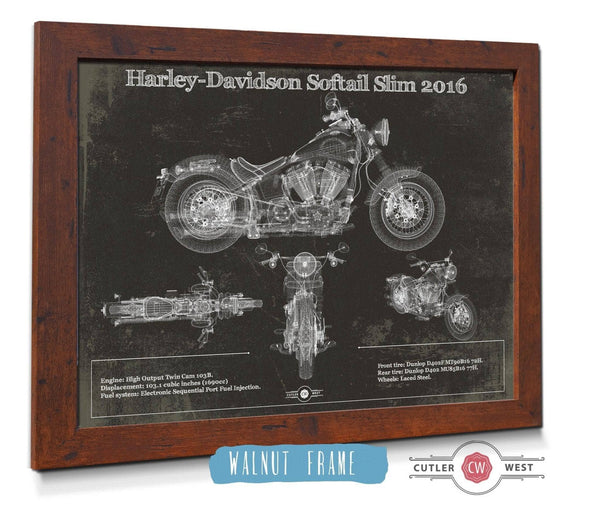 20" x 16" / Walnut Frame & Mat Cutler West Harley Davidson Softail Slim S Army Design 2016 Motorcycle Patent Print