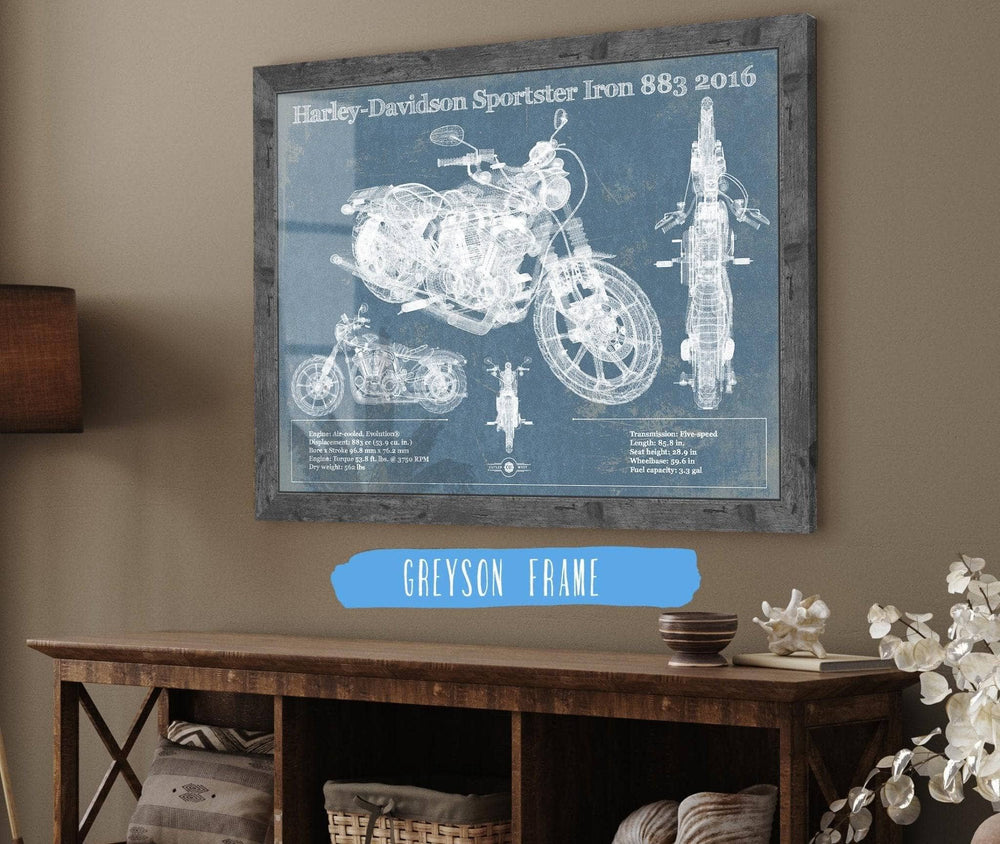 14" x 11" / Stretched Canvas Wrap Cutler West Harley-Davidson Sportster Iron 883 2016 Blueprint Motorcycle Patent Print