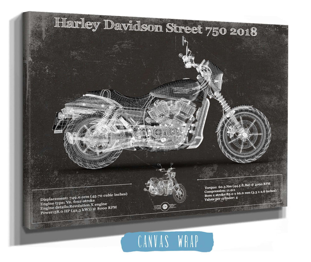 14" x 11" / Stretched Canvas Wrap Cutler West Harley-Davidson Street 750 2018 Motorcycle Patent Print