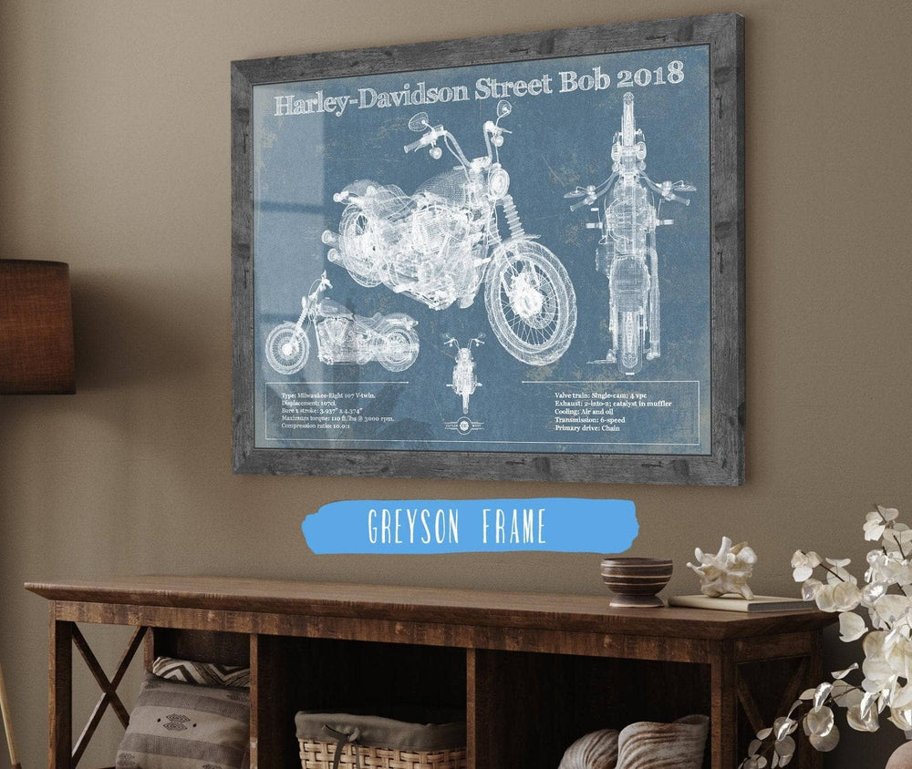 14" x 11" / Stretched Canvas Wrap Cutler West Harley-Davidson Street Bob 2018 Blueprint Motorcycle Patent Print